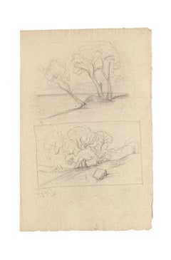 Landschaft – Original-Zeichnung mit Bleistift auf Papier – 20. Jahrhundert