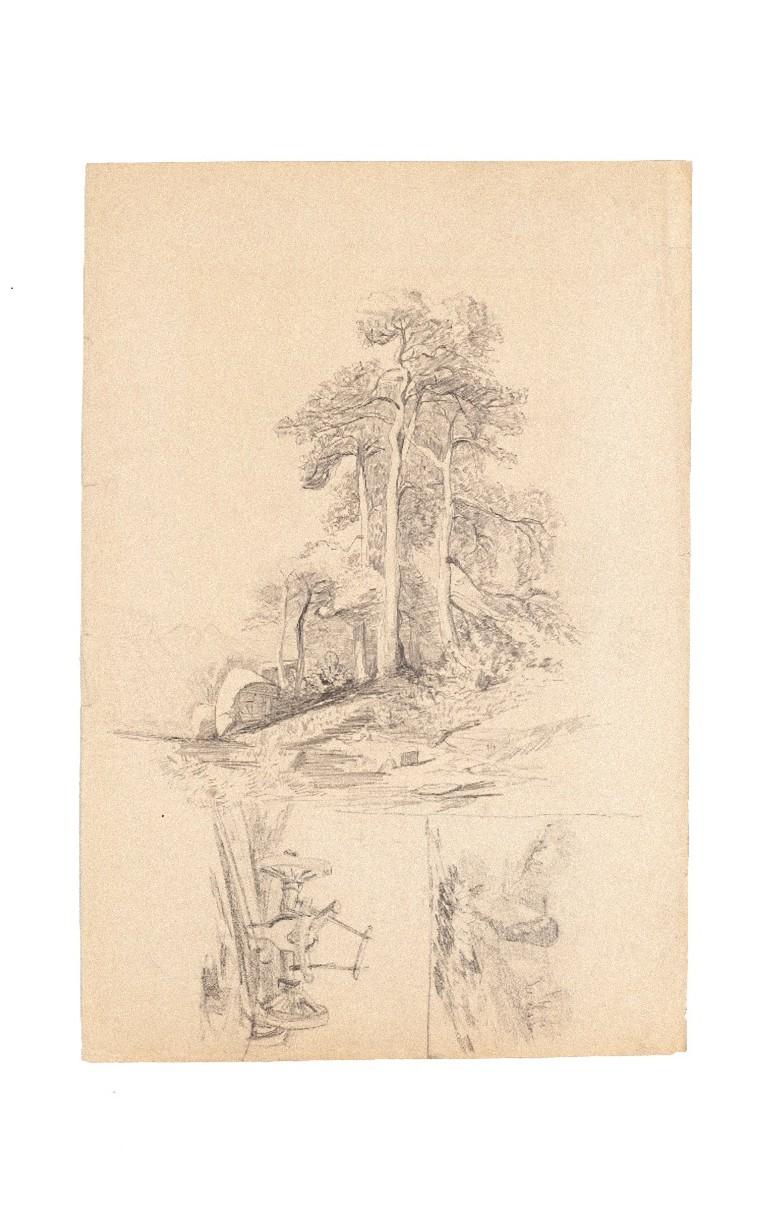 Unknown Landscape Art – Landschaftslandschaft – Zeichnung mit Bleistift auf Papier – 20. Jahrhundert