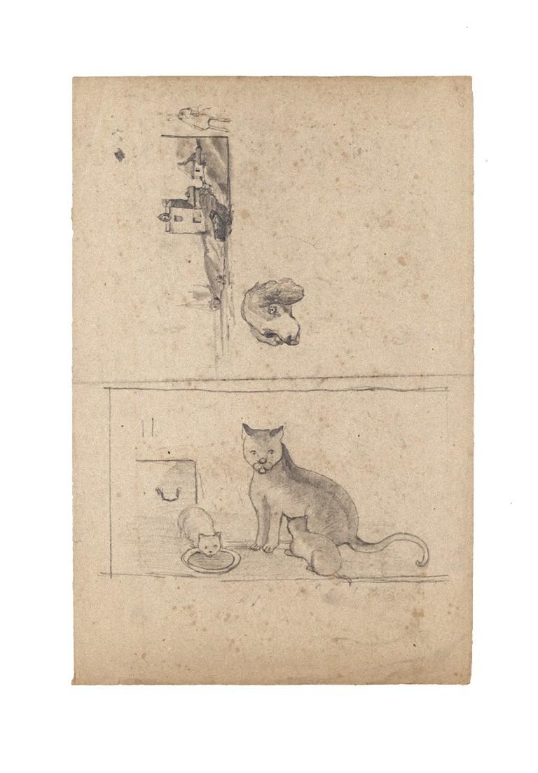 Personas y animales - Dibujo a lápiz sobre papel - Siglo XIX