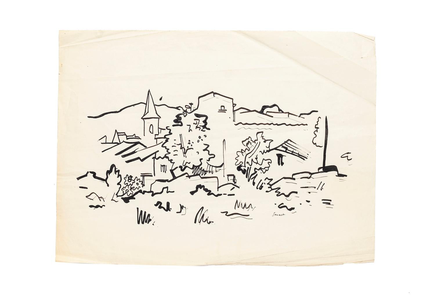Landscape - Original Drawing in Marker, Felt Tip Pen on Paper - 20th century