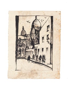 Paysage parisien - dessin original sur papier - 20ème siècle
