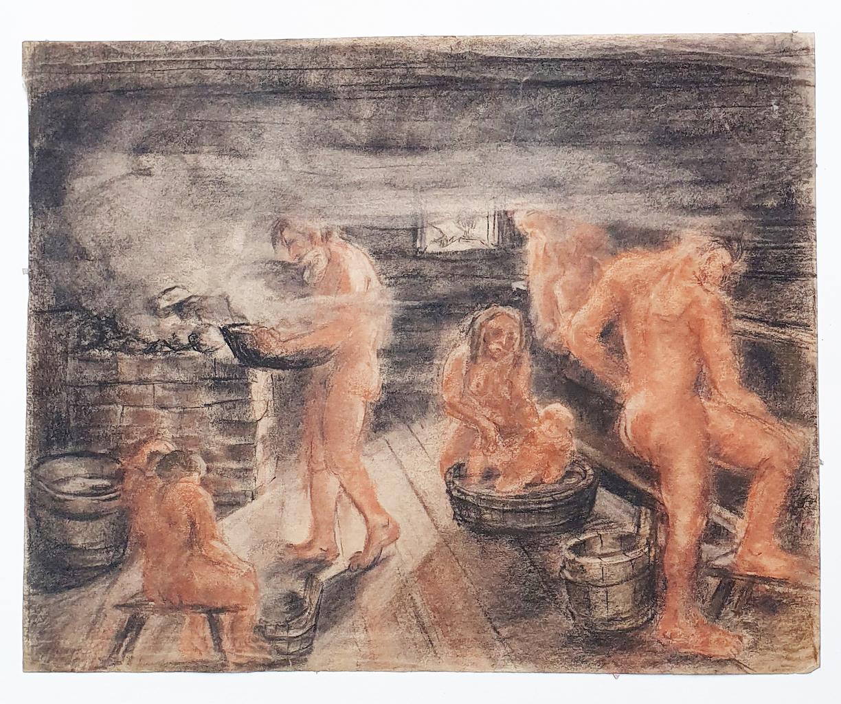 Unknown Figurative Art - Sauna - Drawing in Charcoal e Sanguine on Paper - 20th Century