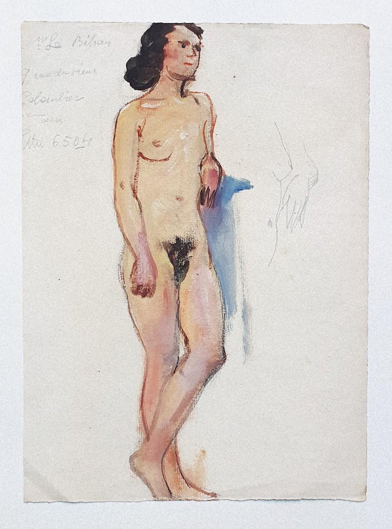 Aktfrau im Akt – Originalzeichnung in Mischtechnik auf Papier – 20. Jahrhundert