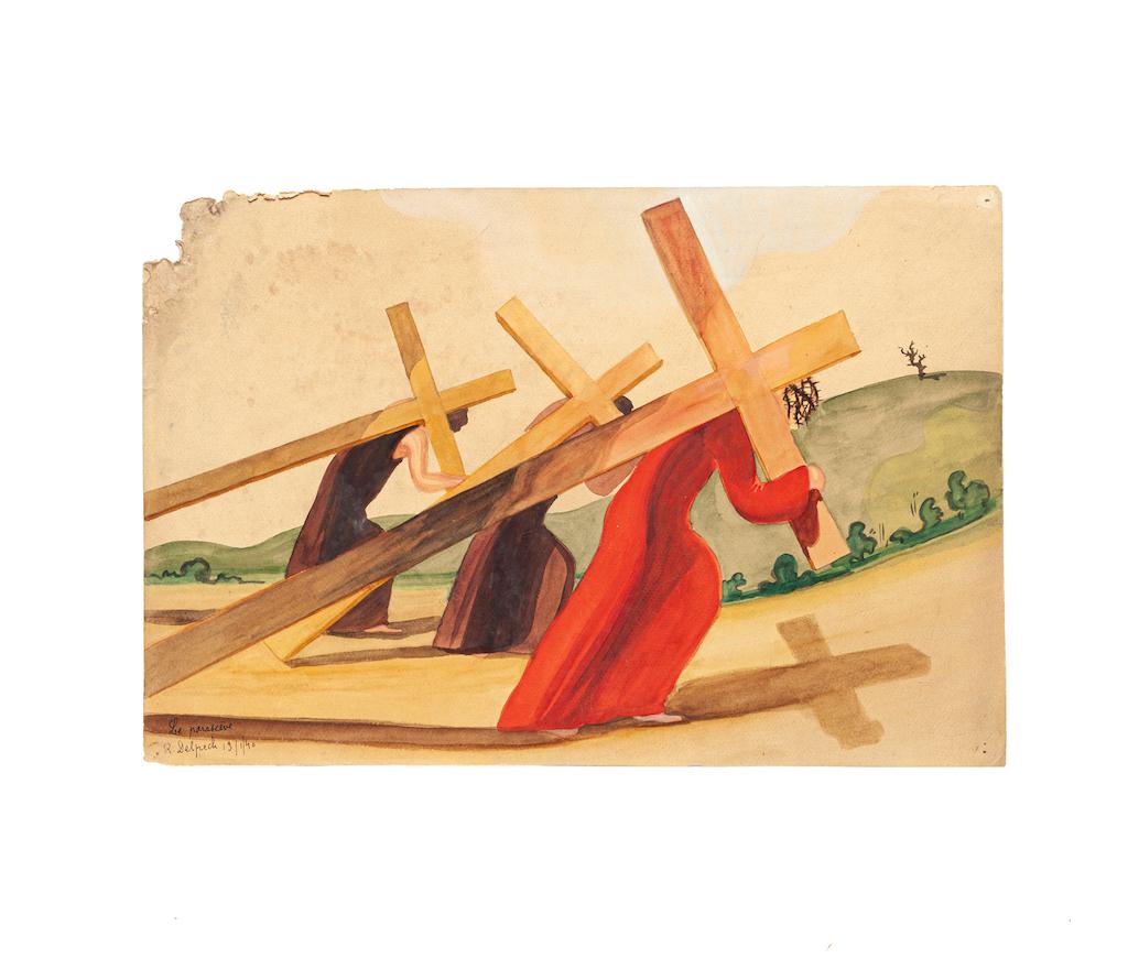 Carrying the Cross is an original drawing in watercolor on paper, realized in 1940 by Jean Delpech (1988-1916). Hand-signed and dated on the lower left.

The state of preservation of the artwork is good with just small piece of missing paper on the