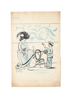 Cafe - Zeichnung auf Papier von G. Garguer - 20. Jahrhundert