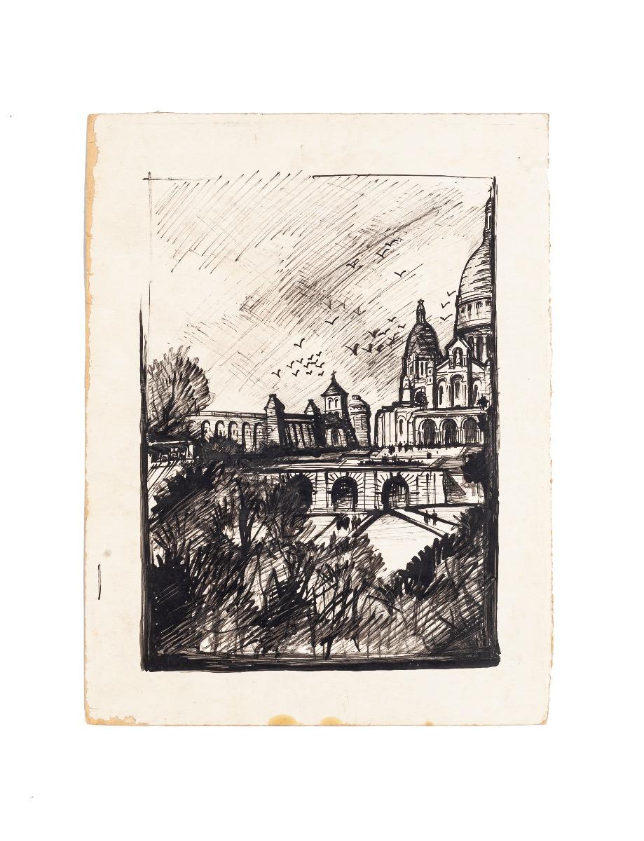Unknown Landscape Art - Paris Landscape - China Ink and Black Marker on Paper - 1950 ca.