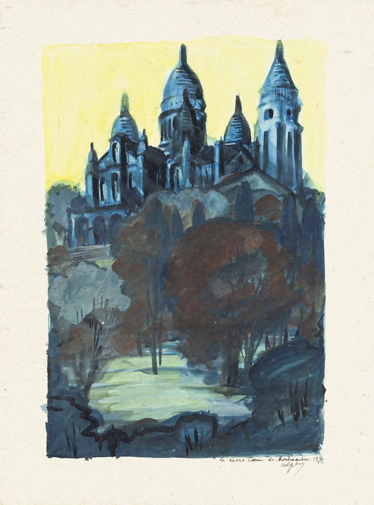 Unknown Landscape Art - Basilica of the Sacred Heart of Paris - Original Watercolor - 1970