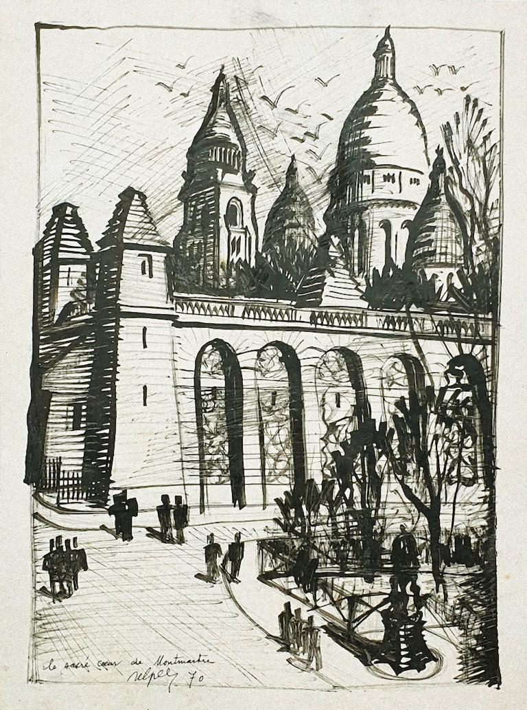 Unknown Figurative Art - Basilica of the Sacred Heart of Paris - Original drawing - 1970