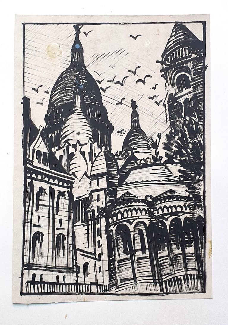 Unknown Landscape Art - Basilica of the Sacred Heart of Paris - Original Drawing - 1950 ca.