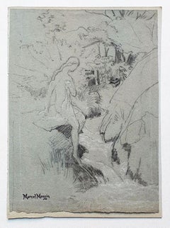 Vintage Girl in the Woods - Drawing in Pencil on Paper - 20th Century