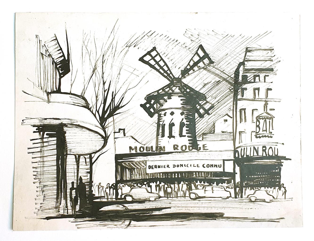 Unknown Figurative Art - Moulin Rouge - China Ink on Paper - 20th Century