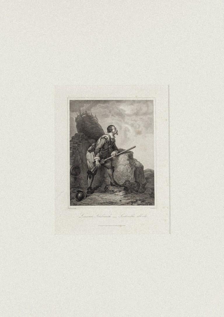 Sentry on the Alert is an original etching on paper realized after I. Bocklund, singed and titled on the plate with the inscription below, the artwork represents a man guarding, depicted skillfully,  the state of preservation of the artwork is very