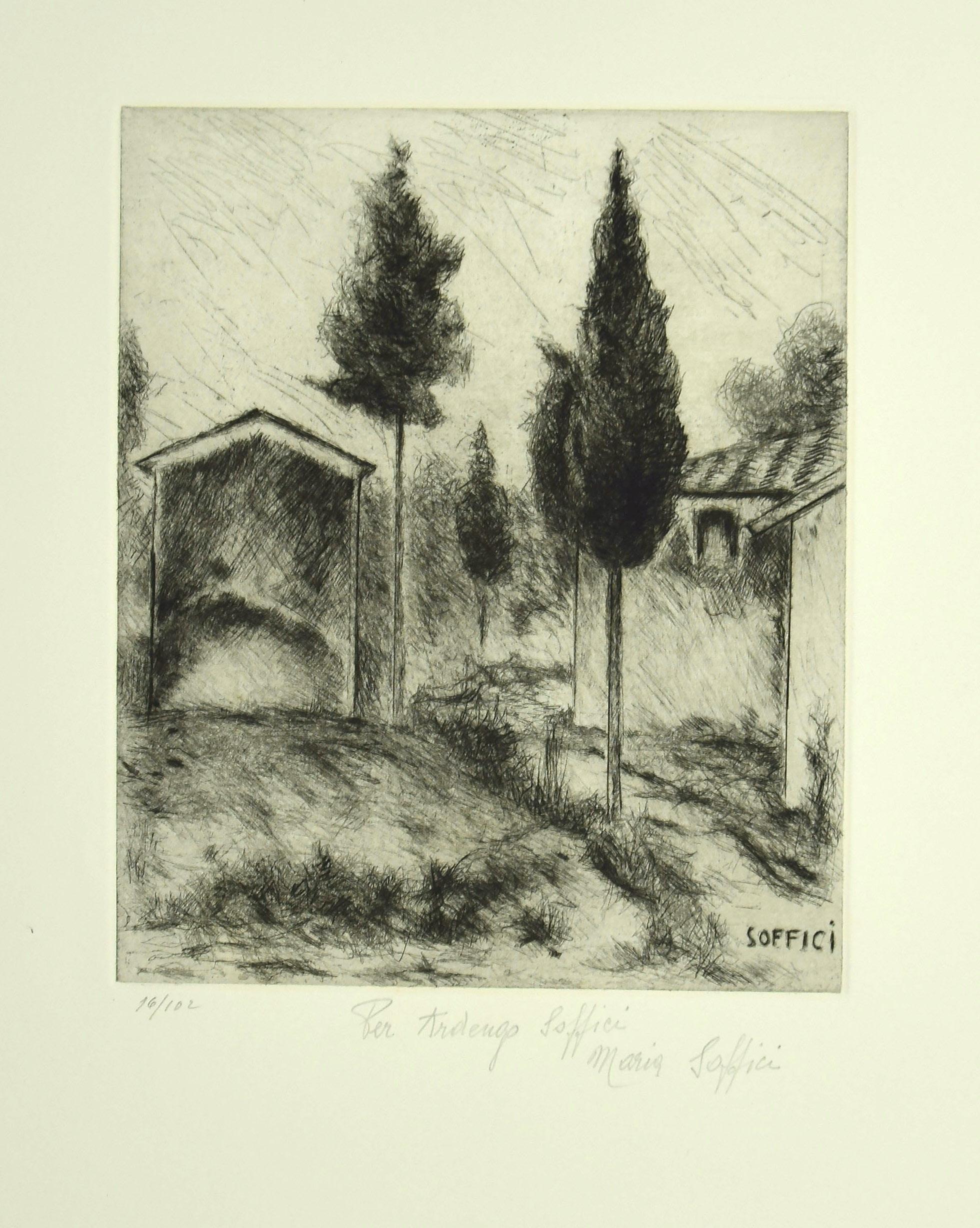 Ardengo Soffici Landscape Print - Poggio a Caiano - Etching and Drypoint by A. Soffici - 1964