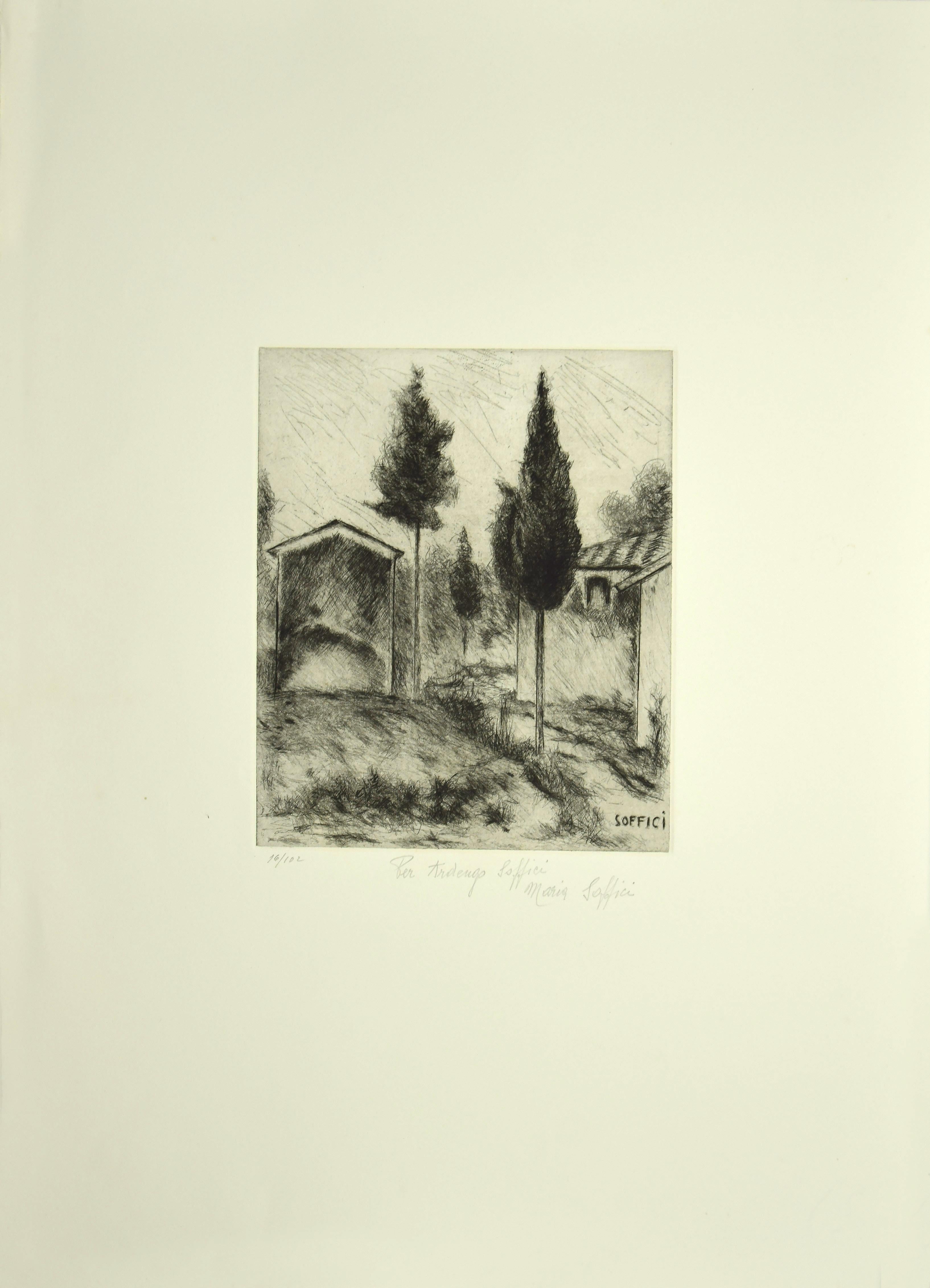 Poggio a Caiano - Etching and Drypoint by A. Soffici - 1964 - Print by Ardengo Soffici