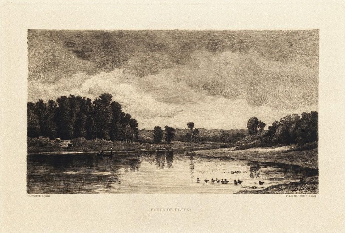 Bords de rivière is a beautiful etching realized by Charles-François Daubigny in 19th century.

In Good condition. Worn paper. on the lower margin the title of the artwork. On the right-lower margin “P. Leterrier sculp.”, and in left-lower “Daubigny