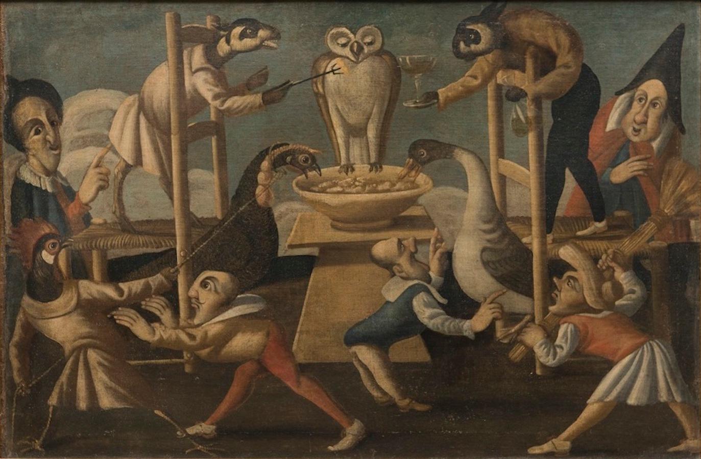 The Inappetent Owl – Groteske Szene mit Eule und Schwan – spätes 17. Jahrhundert (Alte Meister), Painting, von Master of the Fertility of the Egg