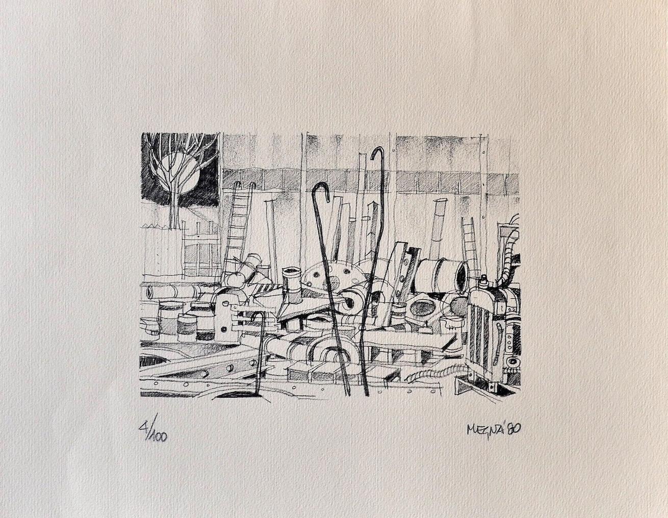 Workshop is an original lithograph on paper realized by Giuseppe Megna in 1980 ca.

Hand-signed on the lower right and dated, numbered on the lower left in pencil, edition of 4/100 prints.

In very good condition.

Image dimensions: 13 x 18 cm.

The