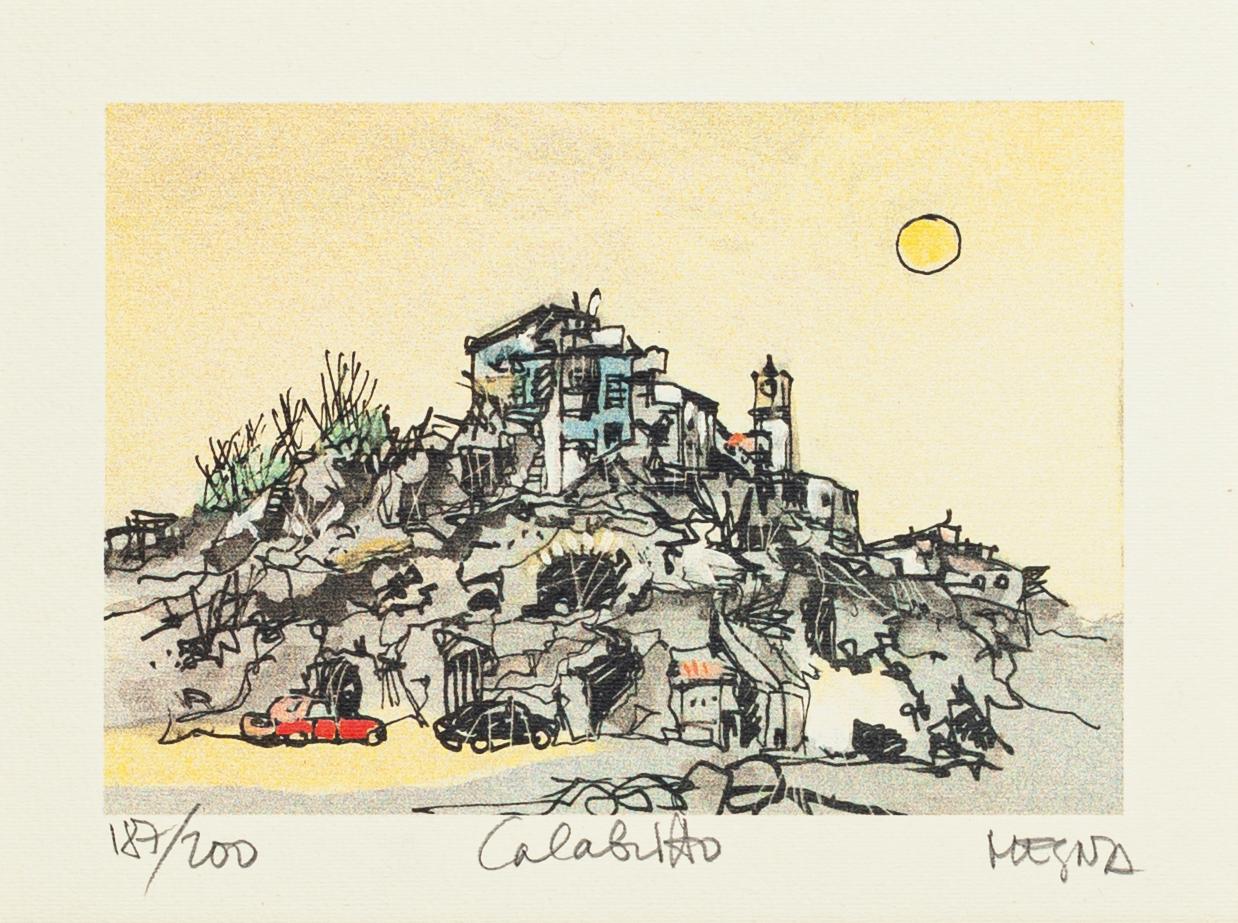 Calabritto is an original lithograph on paper realized by Giuseppe Megna in 1980 ca.

Hand-signed on the lower right and numbered on the lower left in pencil, edition of 187/200 prints, titled on the lower center.

In very good condition,

Sheet