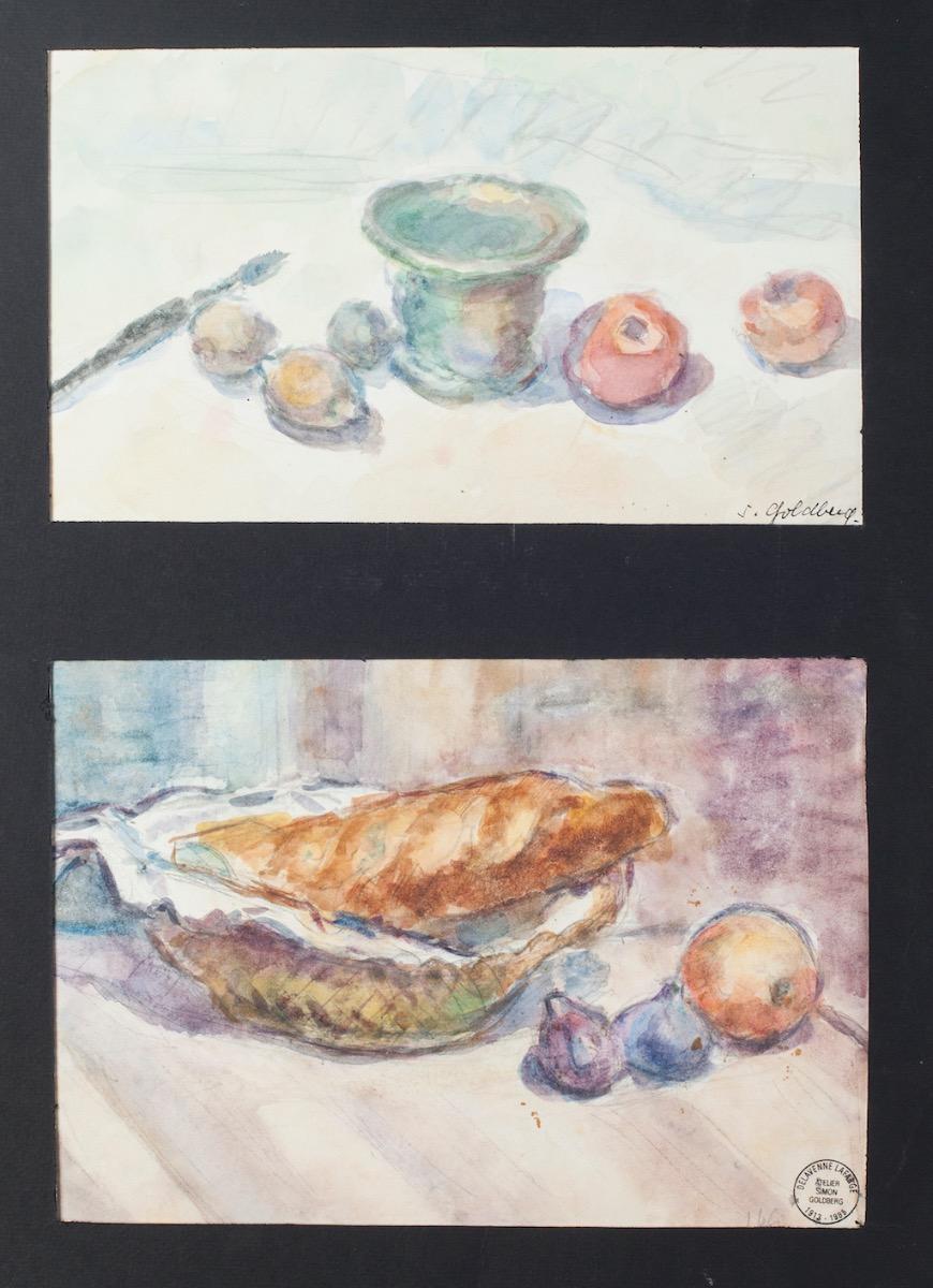 Still Lives include two original drawings in watercolor on paper realized by Simon Goldberg (1913-1985), Hand-signed on the lower right on the first artwork, with the stamp of “ Delavenne Lafarg- Atelier Simon Goldberg” on the lower right on the