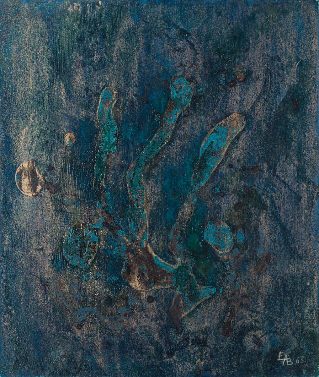 Blue Composition is a beautiful mixed media, original painting on cardboard, realized in 1963 by the artist Esy A. Belluzzi, Hand-signed on the lower" EAB" and dated.

In excellent conditions.

The artwork represents mysterious shapes and forms in