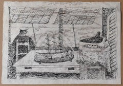 Ocarina and Sea - Original Ink Drawing by Giuseppe Viviani - Early 20th Century