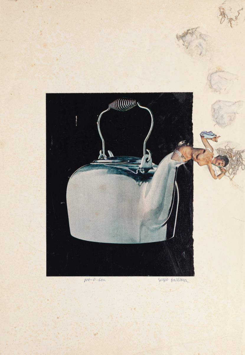 Pot and Feu ist eine Original-Collage von Sergio Barletta, handsigniert unten rechts, mit dem Titel.

In sehr gutem Zustand, mit kleinem Einriss am rechten Rand des Rahmens und etwas stockfleckig auf dem Rahmen des Kunstwerks.

Das Kunstwerk stellt