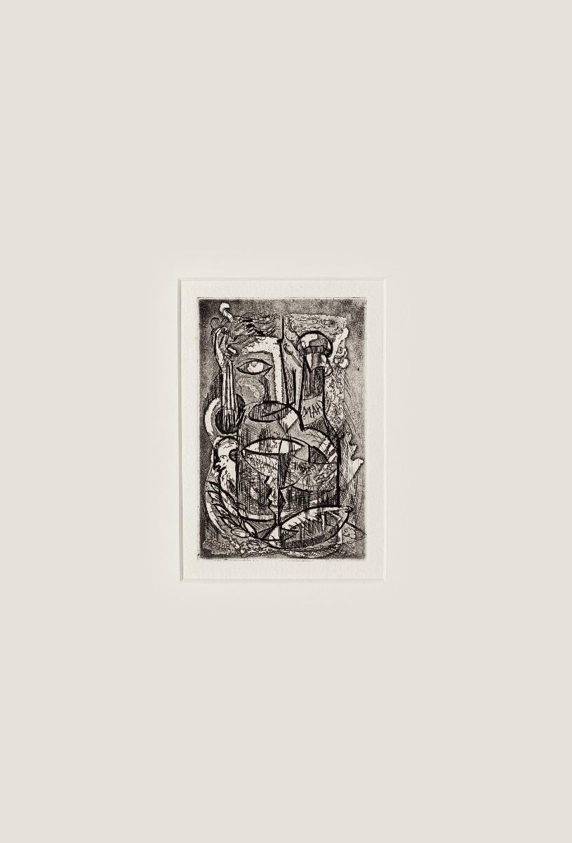 Cin Cin is an original etching artwork realized by G. I Brook, Signed on the plate.

In very good condition.

Included a White Passepartout: 49 x 34 cm.

The artwork represents bottles and a face in a Cubistic expression, the combination of