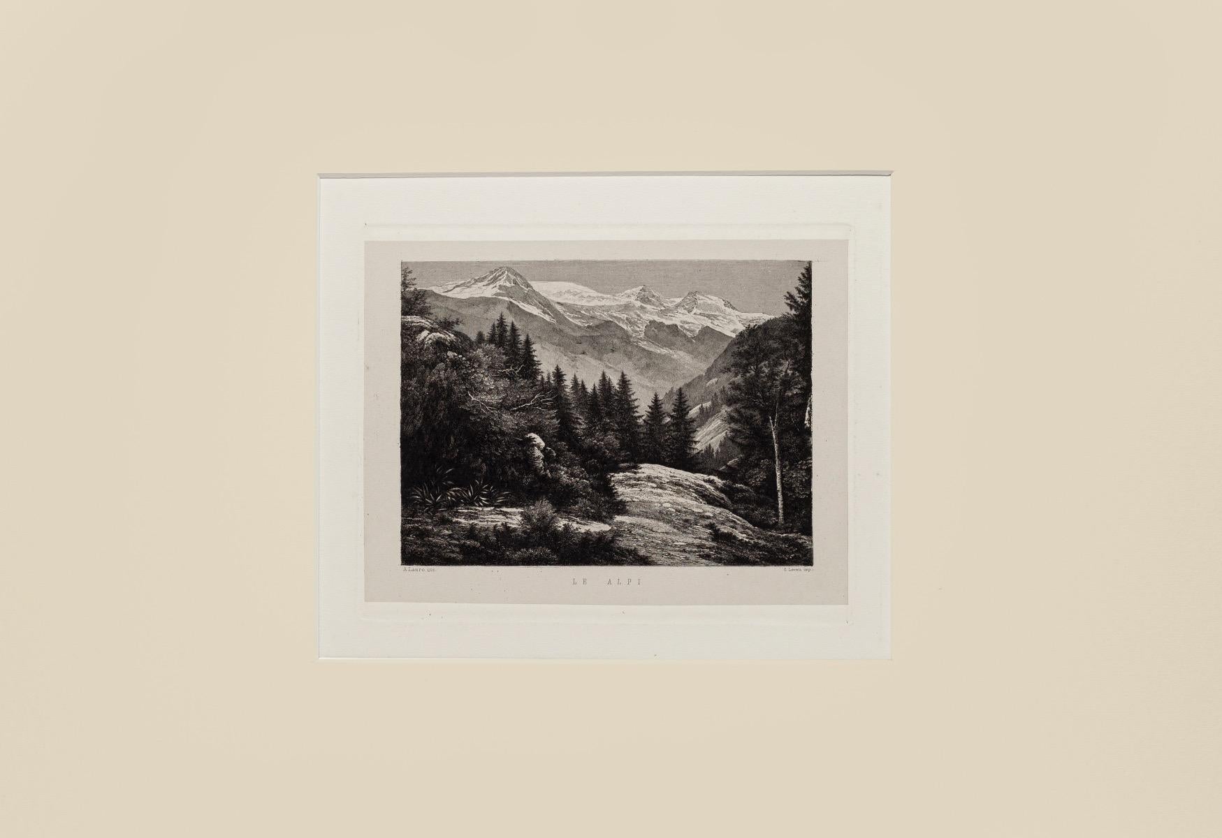 Alps is an original lithography artwork on paper realized by A. Lauro in the XX century. 

The State of preservation is very good.

Included a white Passepartout: 34 x 49 cm.

The artwork represents a scenery of the Alps mountains in the background,