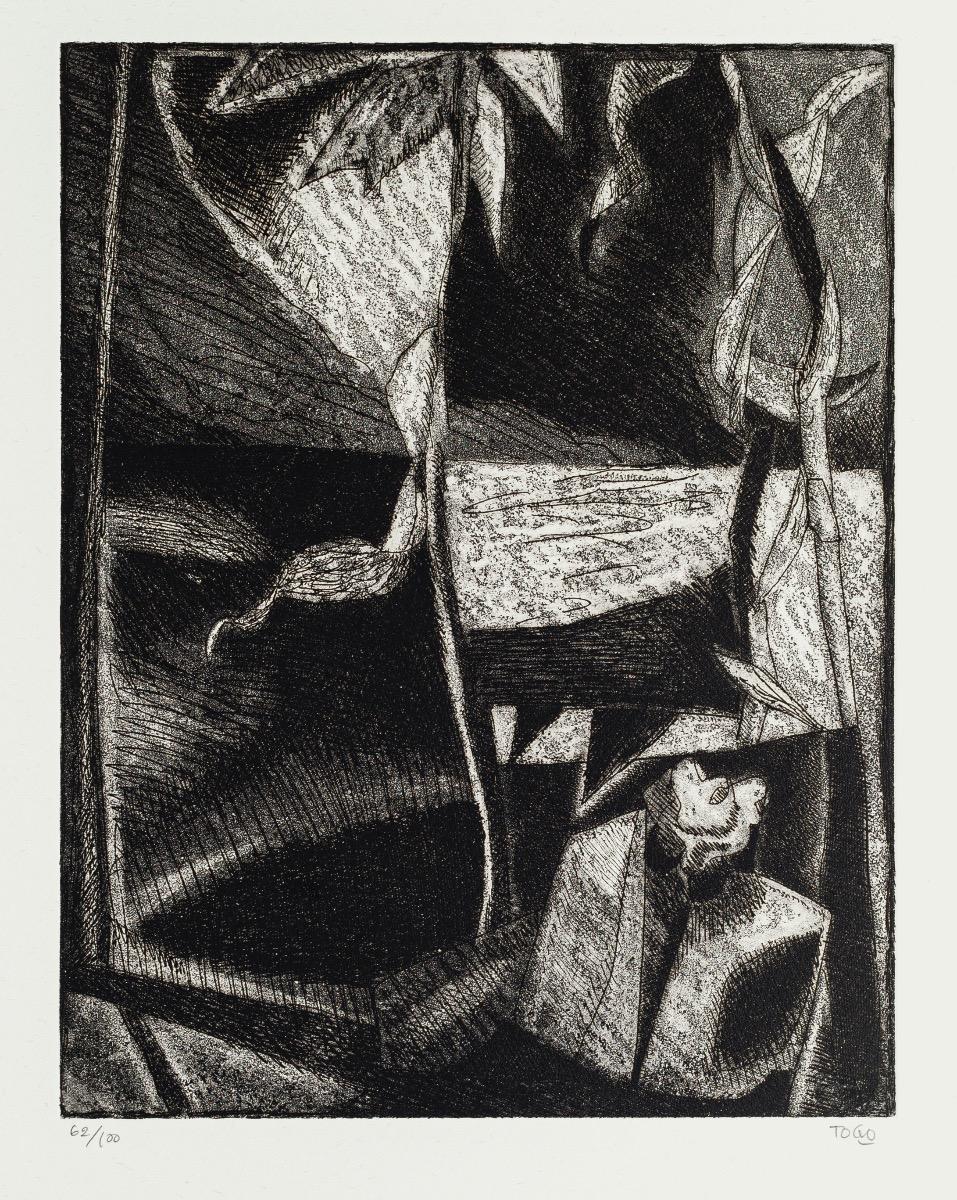 Composition is an original contemporary etching artwork o realized by artist Togo.

Hand-signed on the lower right and numbered on the lower left in pencil, edition of 62/100 prints.

Excellent conditions.

This artwork is a precious composition in