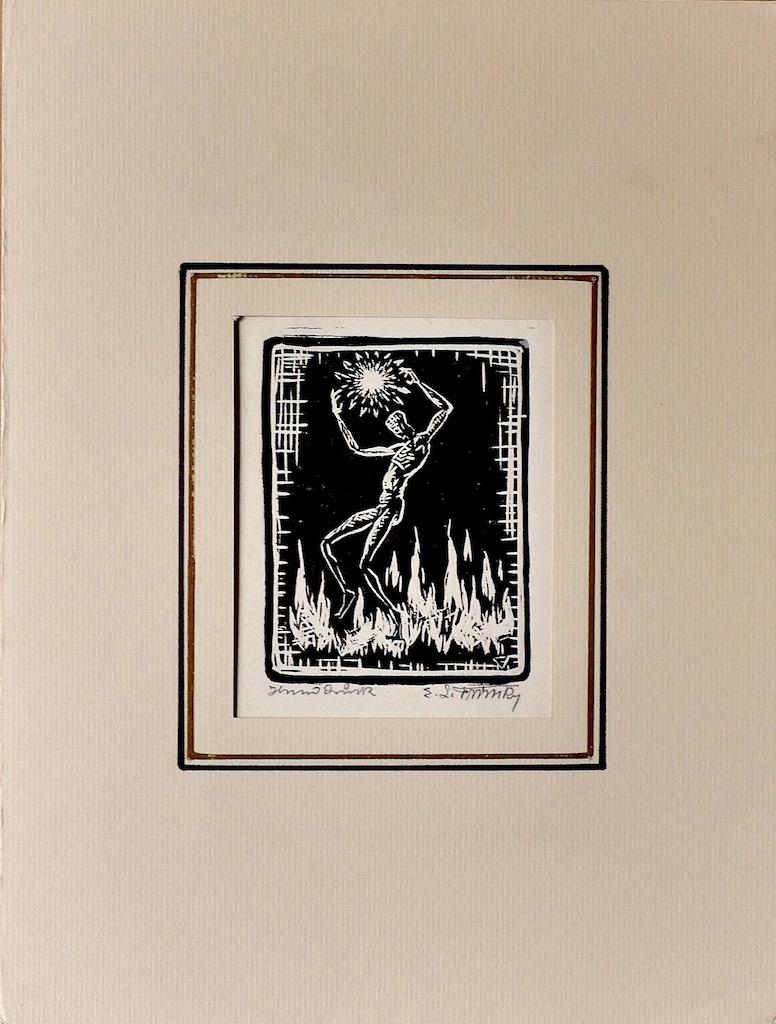 Feuer – Original Holzschnitt auf Papier von Erika Lawson Frimke – 1937 – Print von Erikma Lawson Frimke
