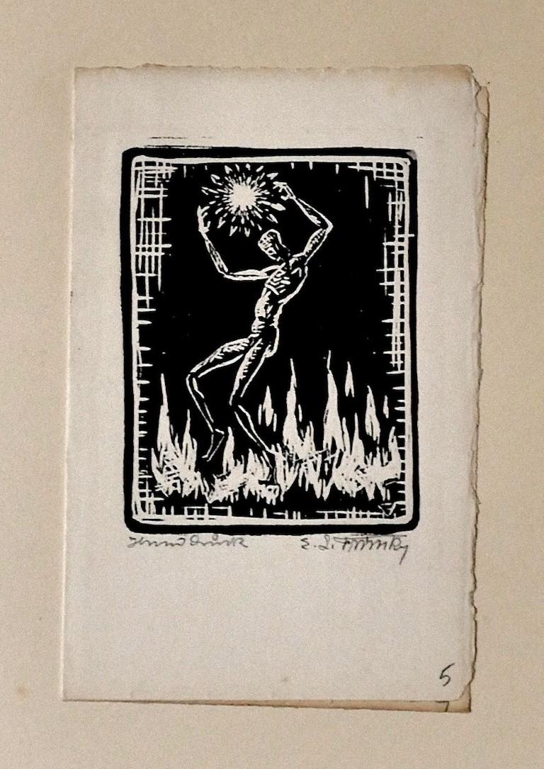 Feuer – Original Holzschnitt auf Papier von Erika Lawson Frimke – 1937