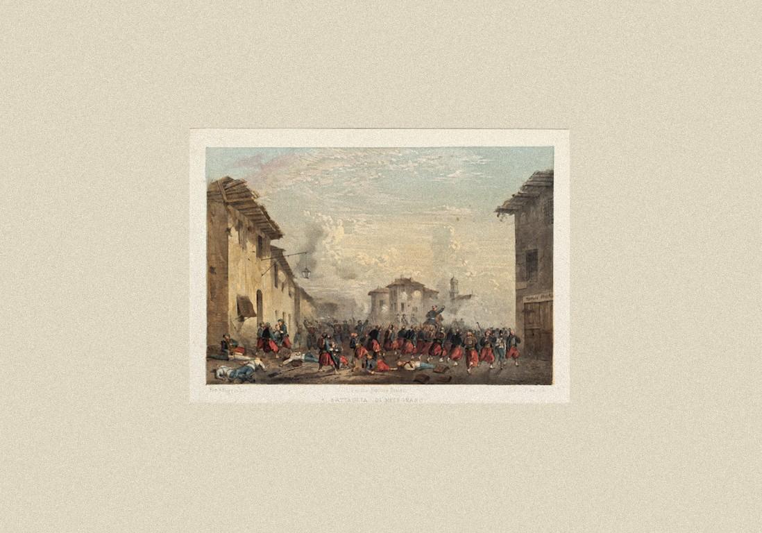 Battle of Melegnano is original Hand-colored lithograph on paper, realized by Carlo Perrin in 1850 ca.  Titled in Italian