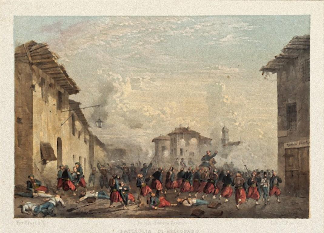 Bataille de Melegnano est une lithographie originale coloriée à la main sur papier, réalisée par Carlo Perrin en 1850 environ.  Titré en italien " Battglia di Melegnano ", au centre inférieur, signé sur l'assiette.

Bon état et vieilli.

Inclus un