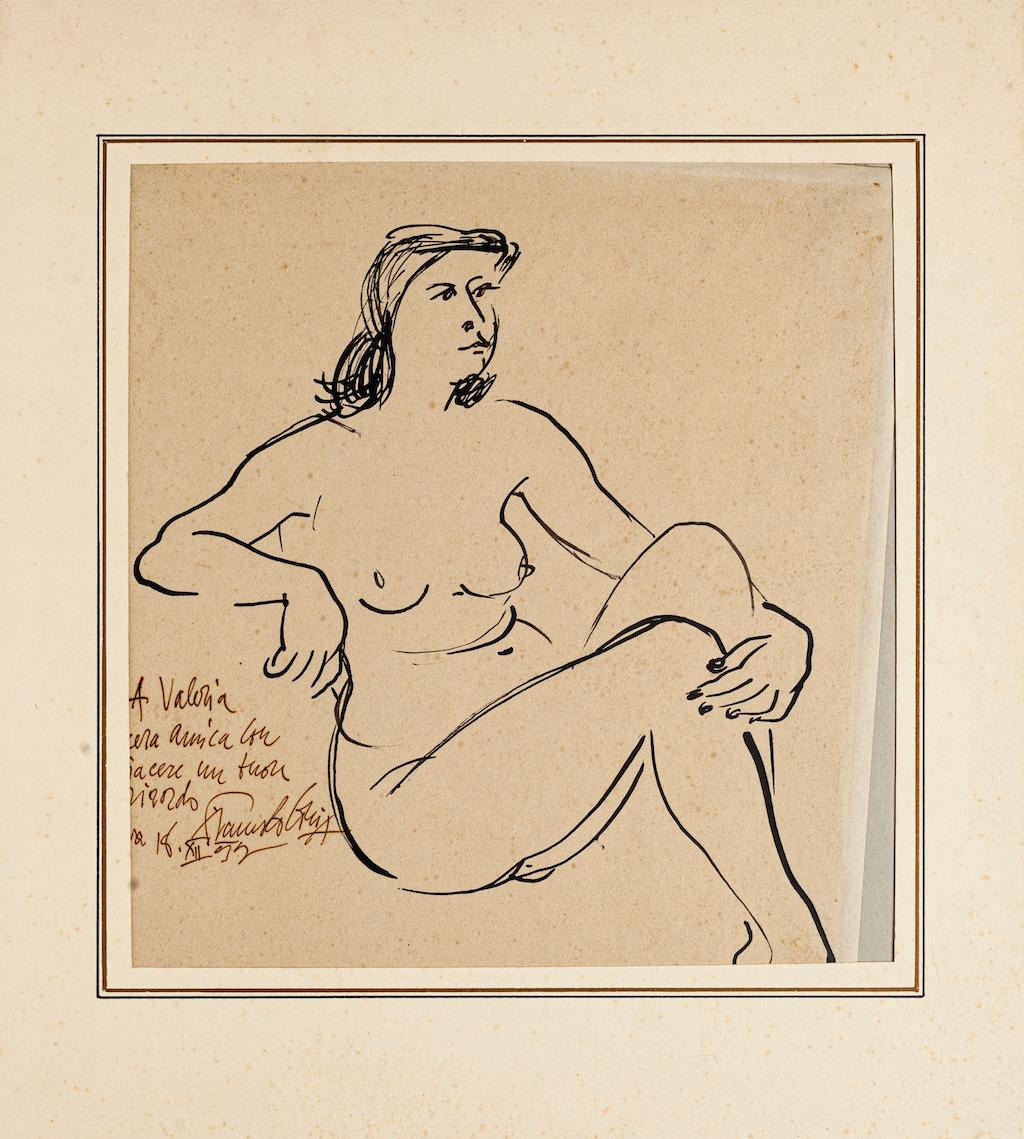 Nude - Pen on Ivory Paper by Fausto Ghia - 1955