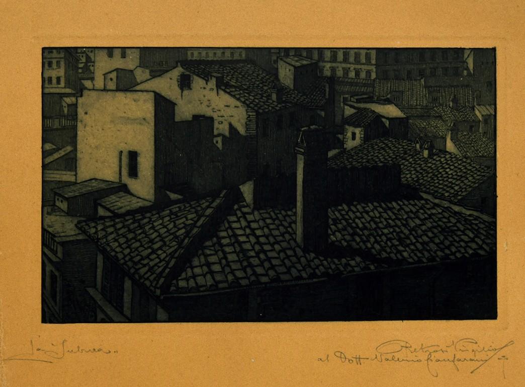  Virgilio Retrosi Figurative Print - City in Night - Original Etching on Cardboard - 20th Century