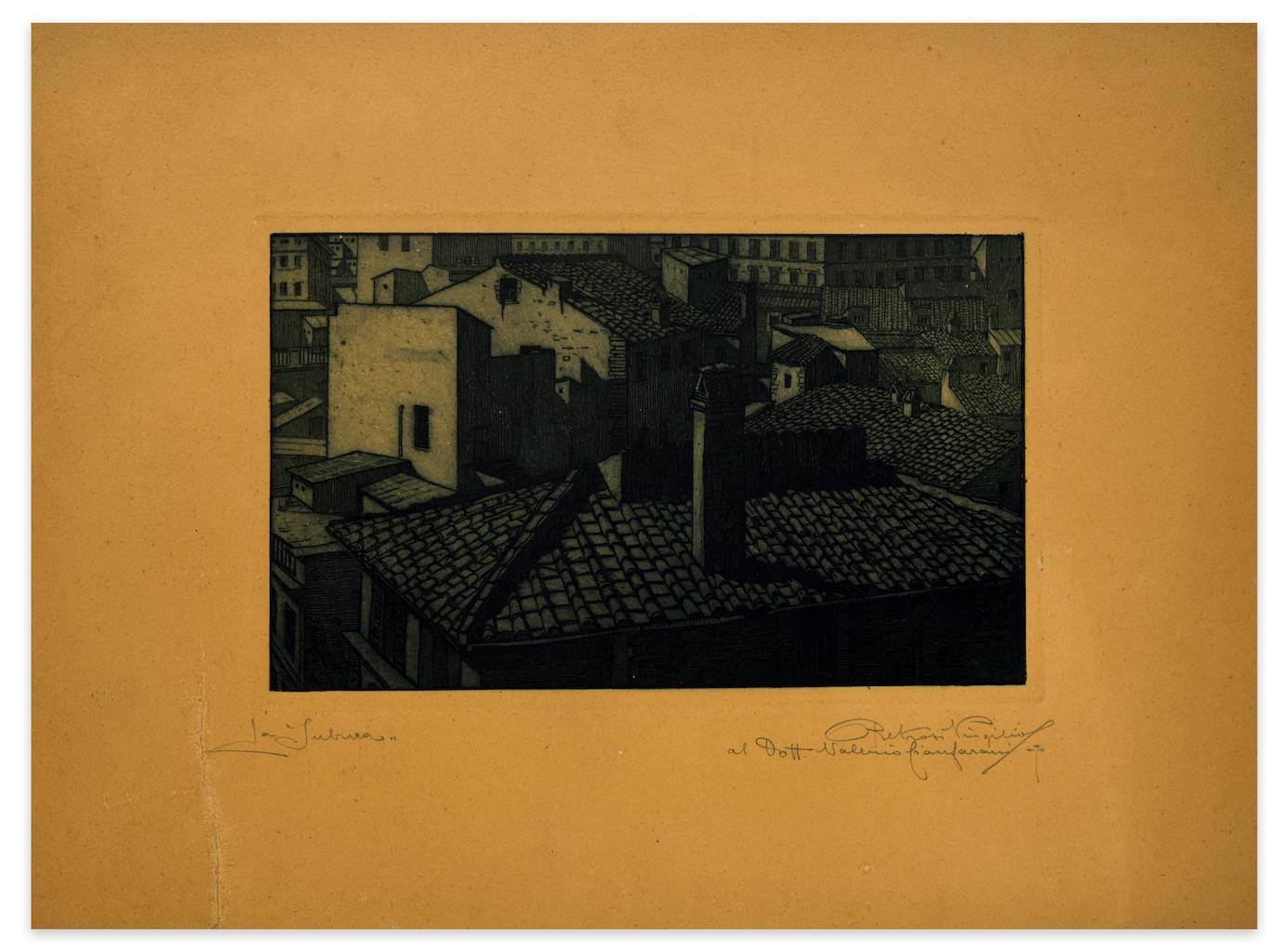 City in Night - Original Etching on Cardboard - 20th Century - Print by  Virgilio Retrosi