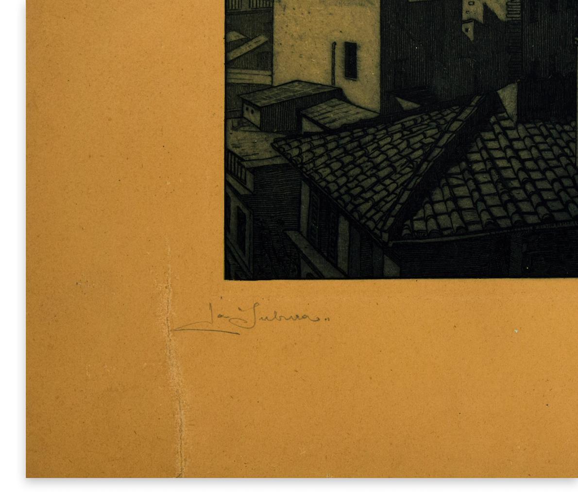 City in Night - Original Etching on Cardboard - 20th Century - Black Figurative Print by  Virgilio Retrosi