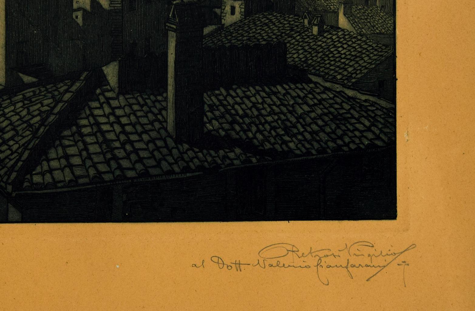 City in Night is an original etching artwork on cardboard realized by Virgilio Retrosi, a ceramist and engraver pupil of Duilio Cambellotti. 

Hand-signed on the lower left in pencil with dedication on the lower right, with dedication to 