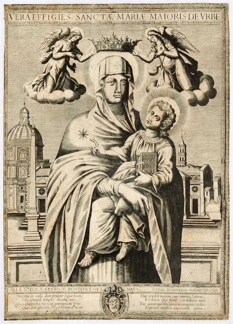 Madonna with Child is an original etching on paper applied on cardboard, realized by Battista Panzeri in 1585.

In very good condition with a small rip on the lower center which does not affect the image.

The artwork represents Madonna of Santa