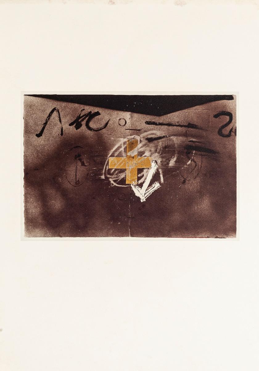 Collage with Cross and Arrow - Vintage Offset Print After Antoni Tàpies - 1982 - Black Abstract Print by Antoni Tàpies (after)