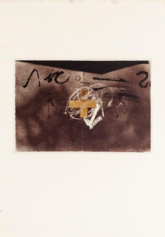 Collage with Cross and Arrow - Vintage Offset Print After Antoni Tàpies - 1982