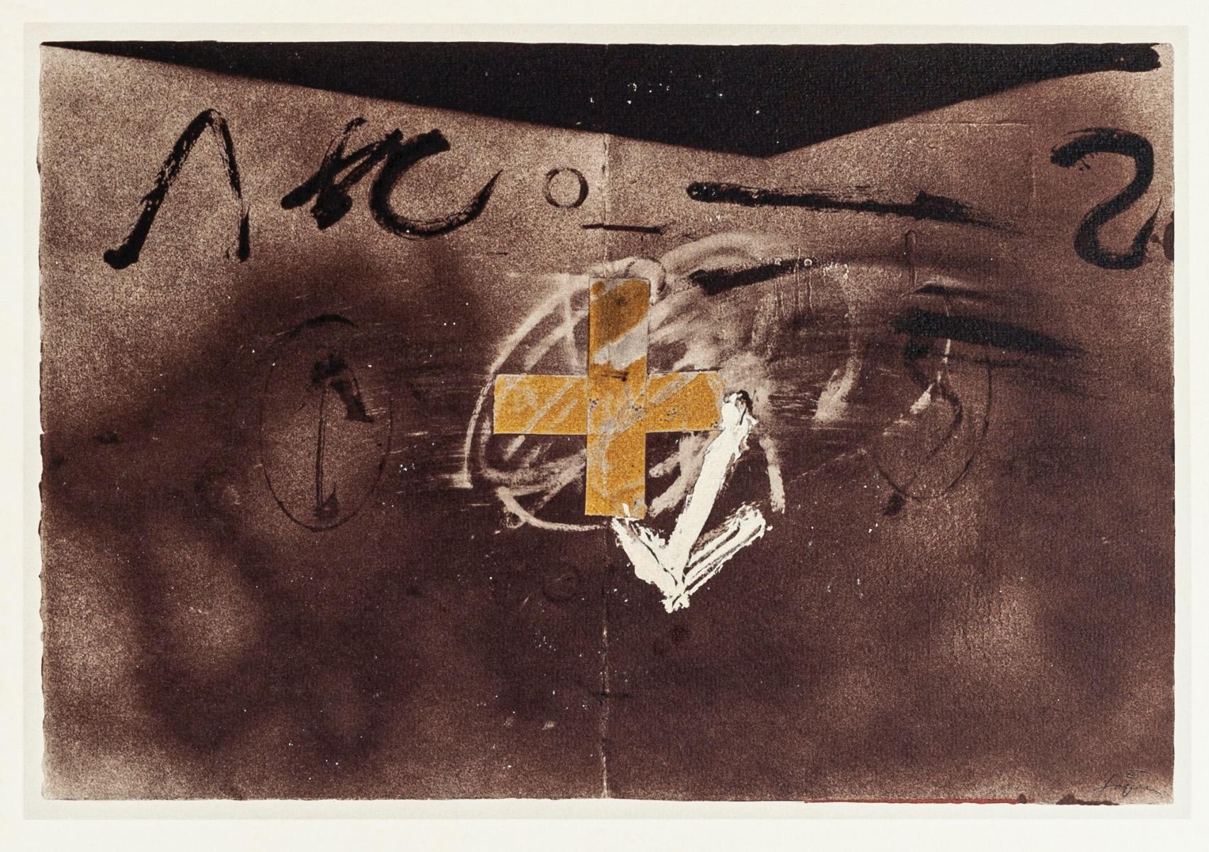 Antoni Tàpies (after) Abstract Print - Collage with Cross and Arrow - Vintage Offset Print After Antoni Tàpies - 1982