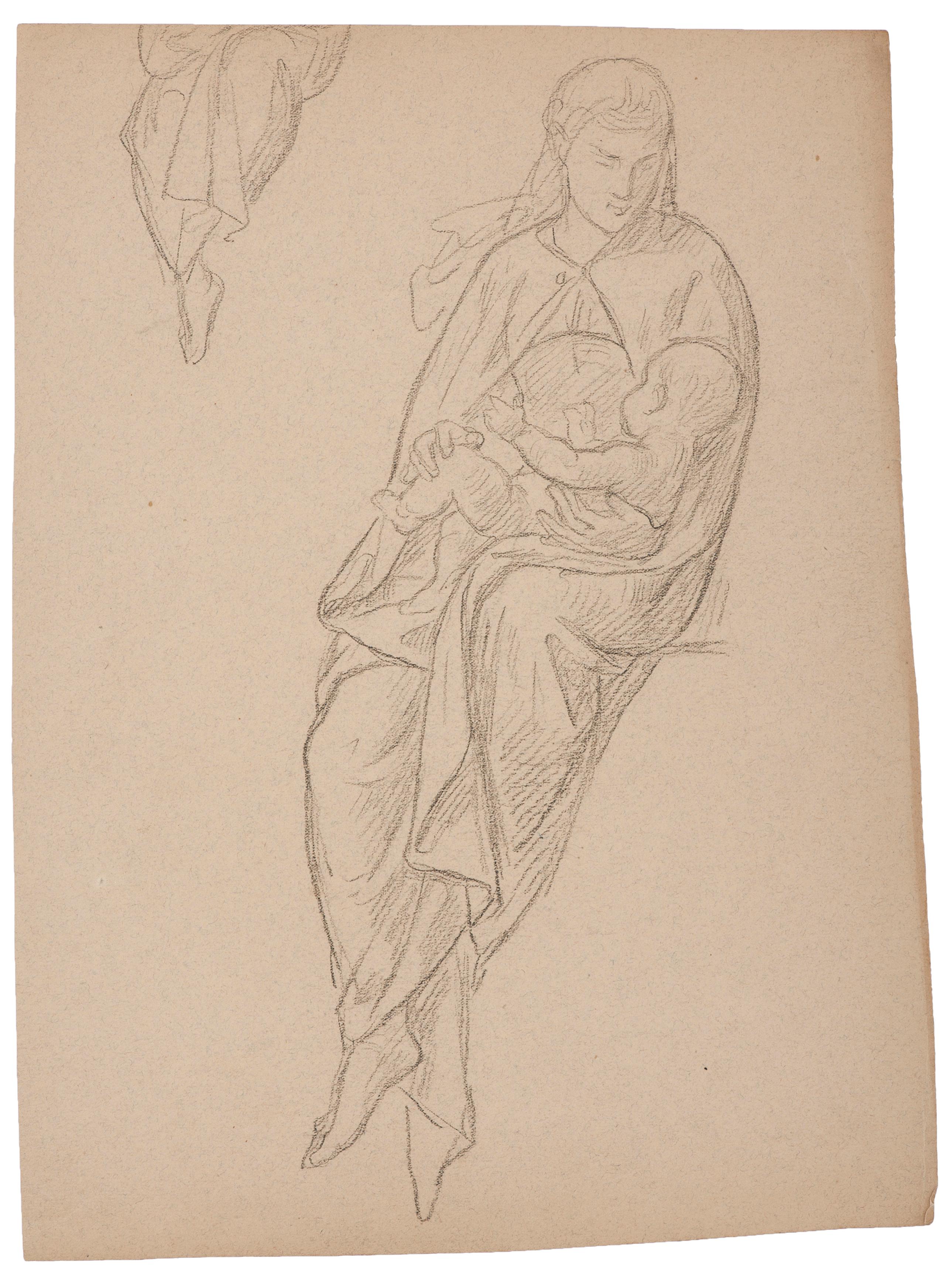 Unknown Figurative Art - Woman with a Child - Original Drawing in Pencil - Early 20th Century