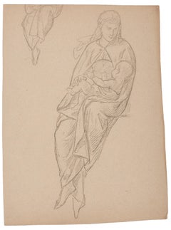 Woman with a Child - Original Drawing in Pencil - Early 20th Century