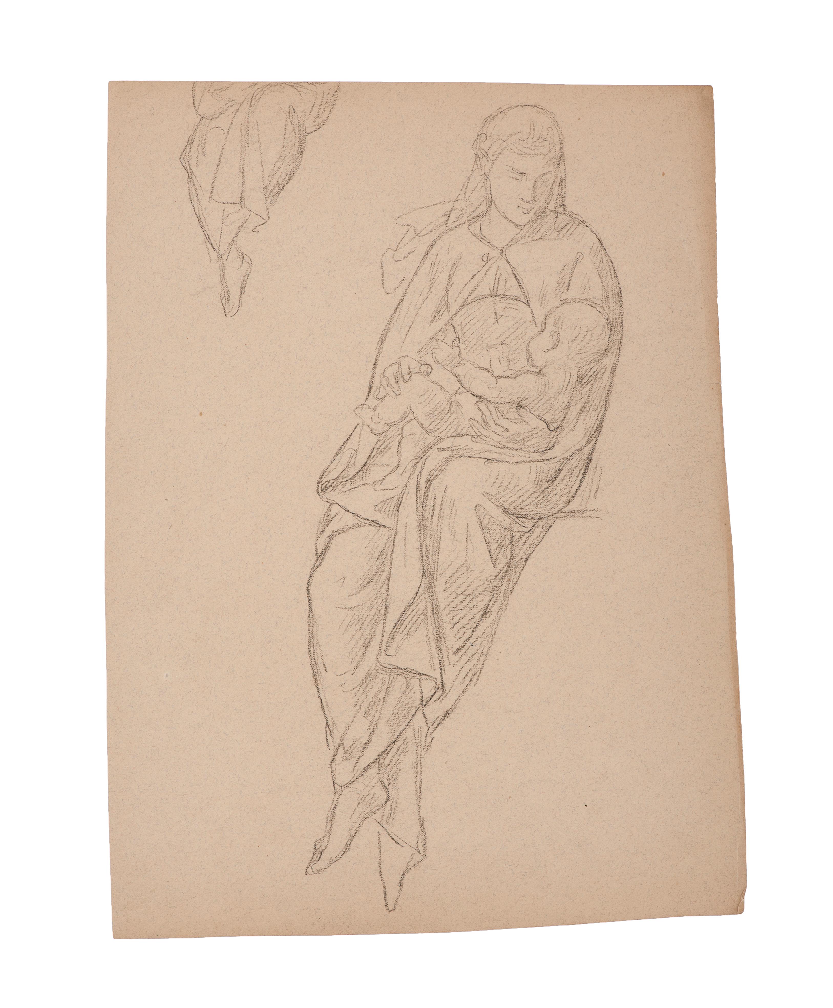 Woman with a Child - Original Drawing in Pencil - Early 20th Century - Art by Unknown