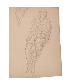Femme avec un enfant - Dessin original au crayon - Début du 20e siècle
