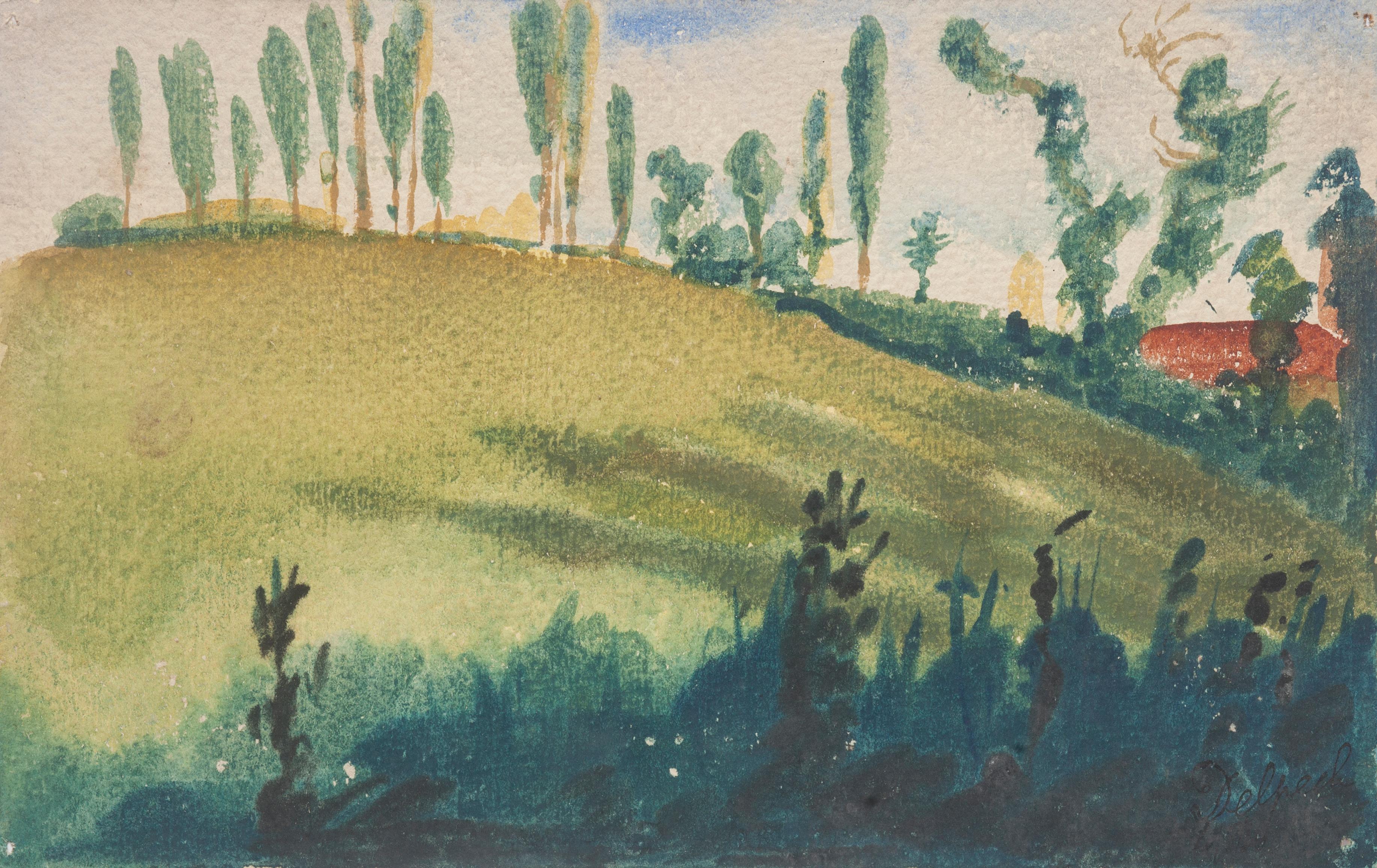 "Landscape" (1940) is an original drawing in watercolor on paper, realized by Jean Delpech (1916-1988). 
The state of preservation of the artwork is very good. Signed in pen lower right.

Sheet dimension: 15 x 23.4 cm.

The artwork represents