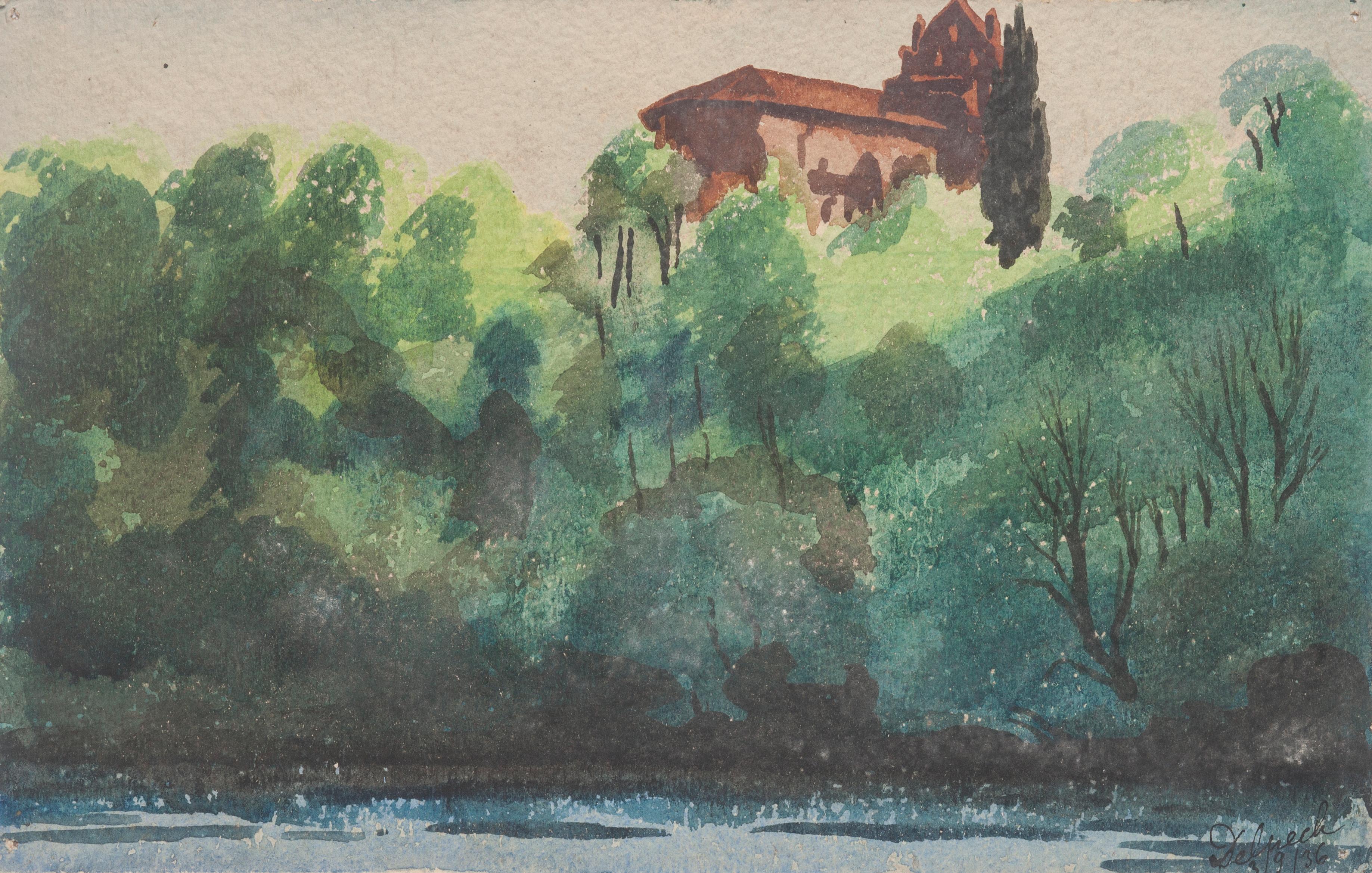 "Landscape" is an original drawing in watercolor on paper, realized by Jean Delpech (1916-1988). 
The state of preservation of the artwork is very good.

Sheet dimension: 15 x 23.5 cm.

The artwork represents beautiful landscape with vivid color,