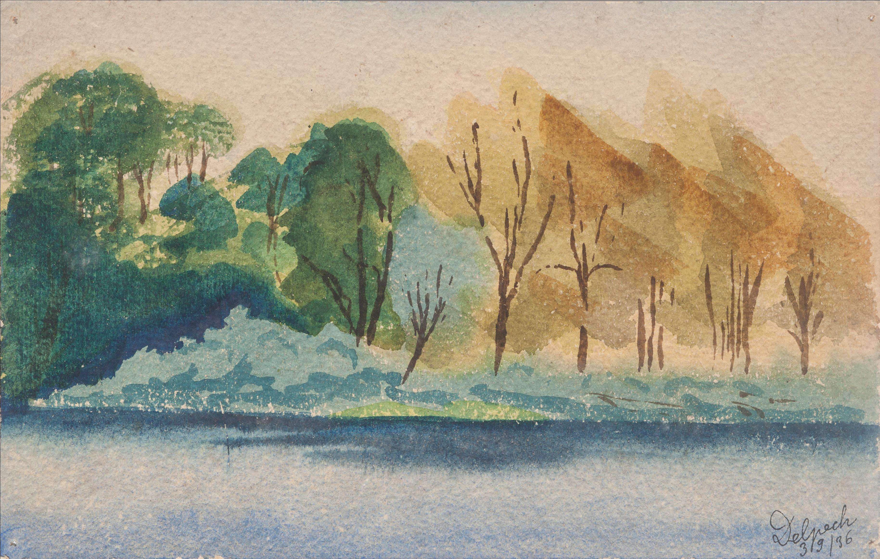 "Landscape" (1936) is an original drawing in watercolor on paper, realized by Jean Delpech (1916-1988). 
The state of preservation of the artwork is very good.

Sheet dimension: 15 x 23.6 cm.

The artwork represents beautiful landscape with vivid