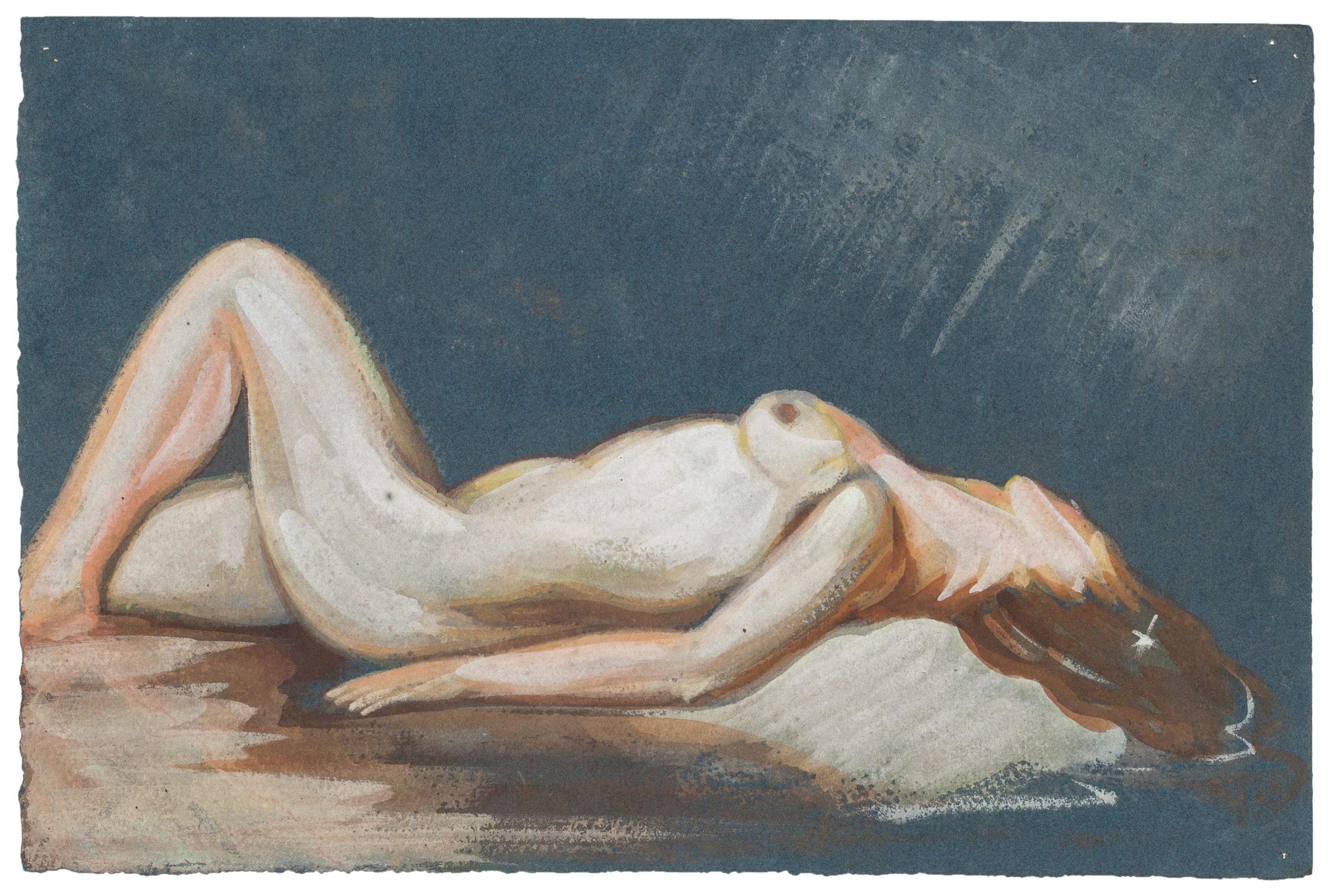 Nude 1940's ist eine Originalzeichnung in Tempera und Aquarell auf Papier, realisiert von Jean Delpech (1988-1916). 

Blattgröße: 16,5 x 25 cm.

Das Kunstwerk stellt eine nackte, liegende Frau dar, die durch zarte Linien und lebendige Farben gekonnt